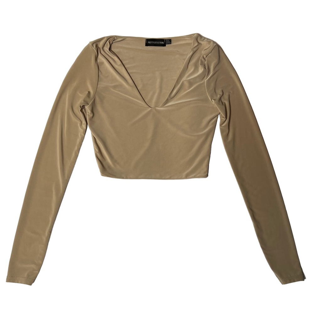 Beige Cropped V-Plunged Long sleeve top